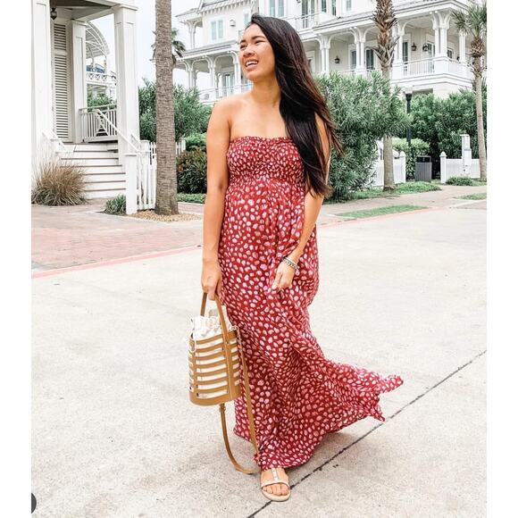 TIARE HAWAII Smocked Red Strapless Dot Print Maxi Dress Size Small - Picture 1 of 6